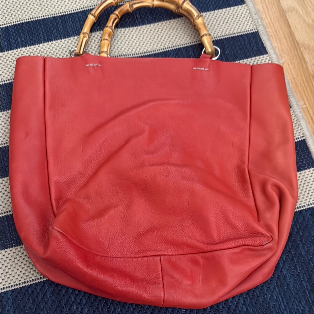 Barney’s New York Red Leather Tote with Bamboo Handles